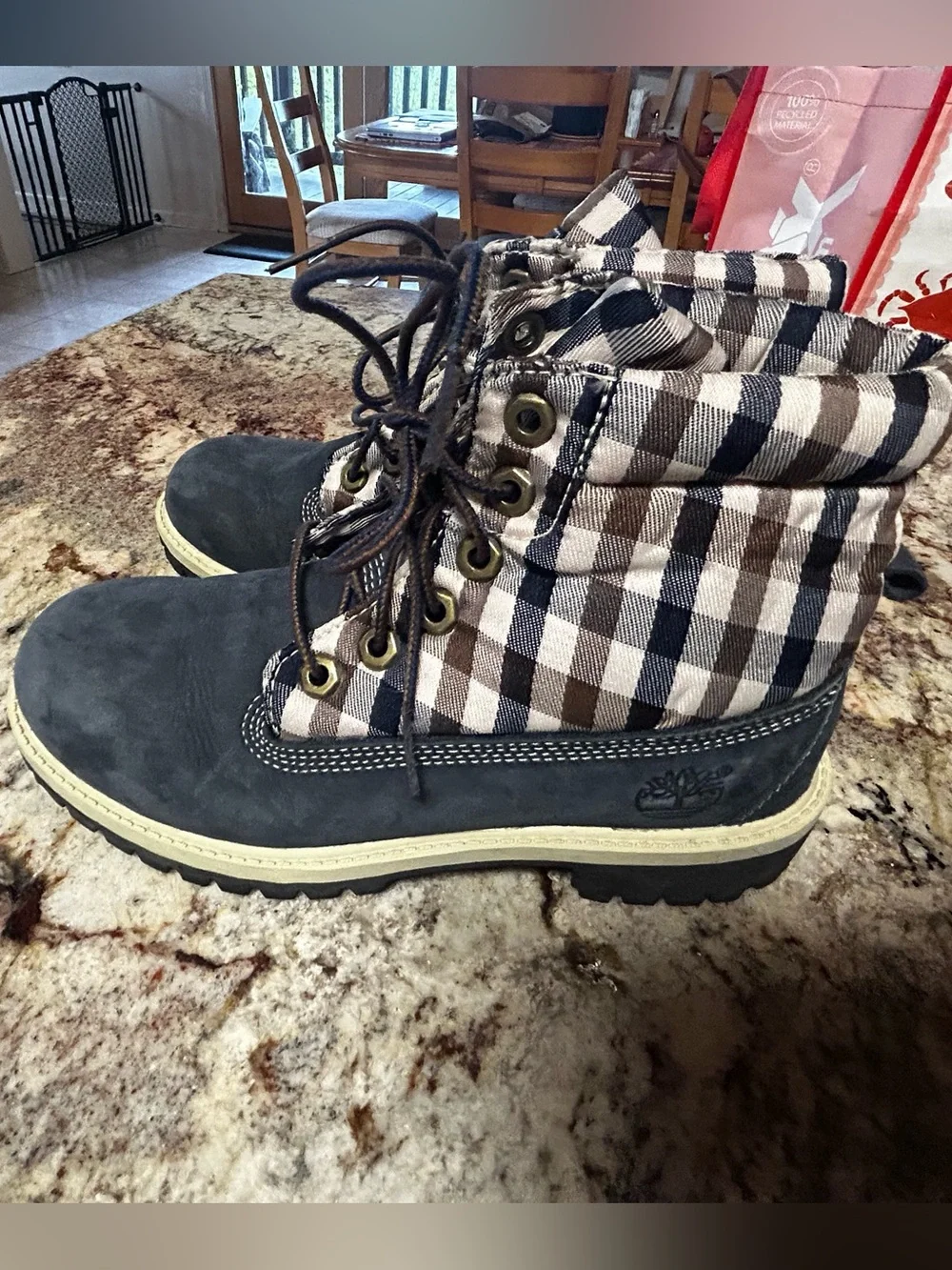 Timberland Unisex Big Kid’s 4 Blue Suede Leather & Plaid Lace-Up Rain/Snow Boots